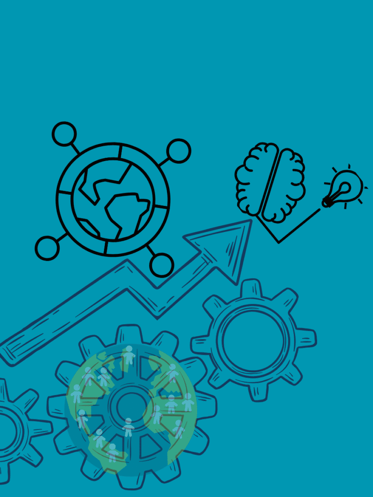 Graph-style arrow depicting the evolution of IP laws with settings icons at the base, a globe symbolizing international standards, and a brain-lightbulb at the peak representing innovation and intellectual property.