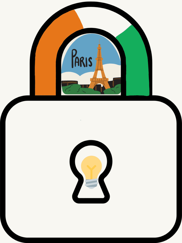 Visual representation of Indian patent laws and the Paris Convention, featuring a lock with the Indian flag, a glowing bulb inside the keyhole symbolizing innovation, and the Eiffel Tower signifying the Paris Convention.