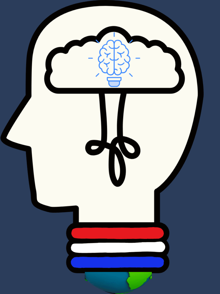 The picture depicts a man and his innovation to show French IP laws' evolution.