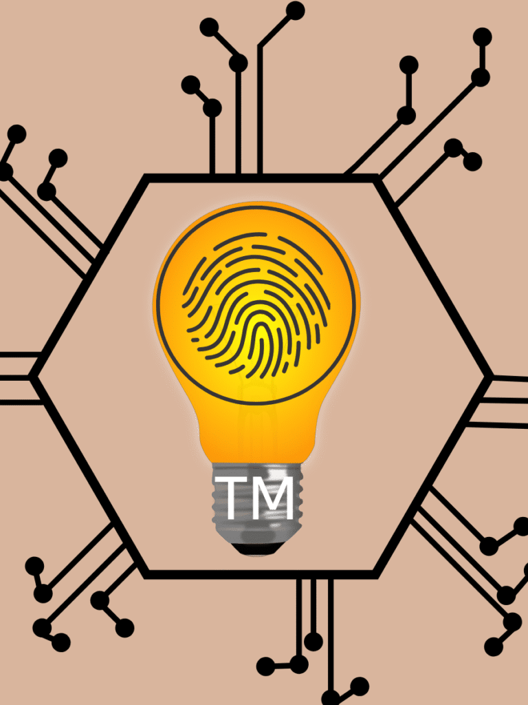 Illustration symbolizing modern trademark procedures, featuring a hexagonal network pattern, a central bulb for innovation, and a fingerprint inside representing identity and WIPO’s technological advancements.