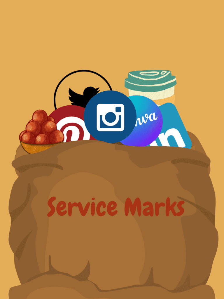 A sagging bag spilling out various logos and symbols labeled as service marks, representing service marks in India.