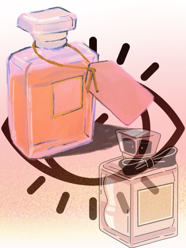 Luxury perfume bottle surrounded by duplicated scent vials symbolising scent legal shield and gaps in ip laws