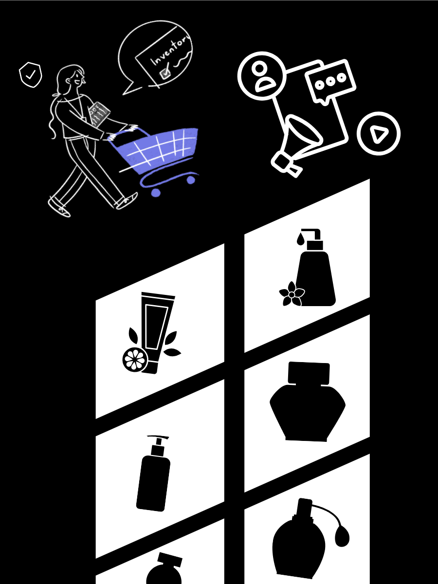 Visual display of uniquely designed shampoo and perfume bottles illustrating trade dress and its impact on consumer loyalty.