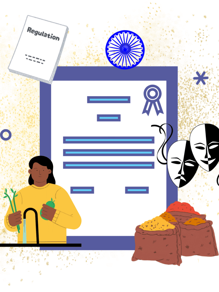 Visual representation of certificate marks with a certificate background, food items, and lab testing elements showing quality assurance.
