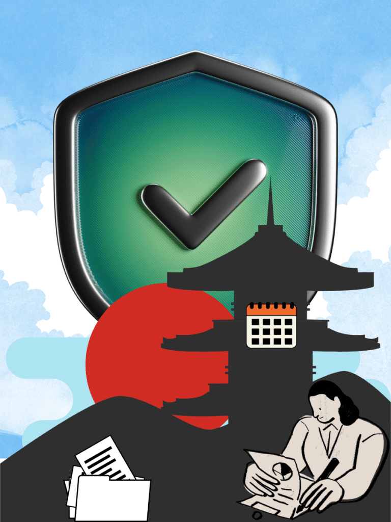 Person filing a Japan trademark application in front of a traditional Japanese home, with a security shield symbol in the background.