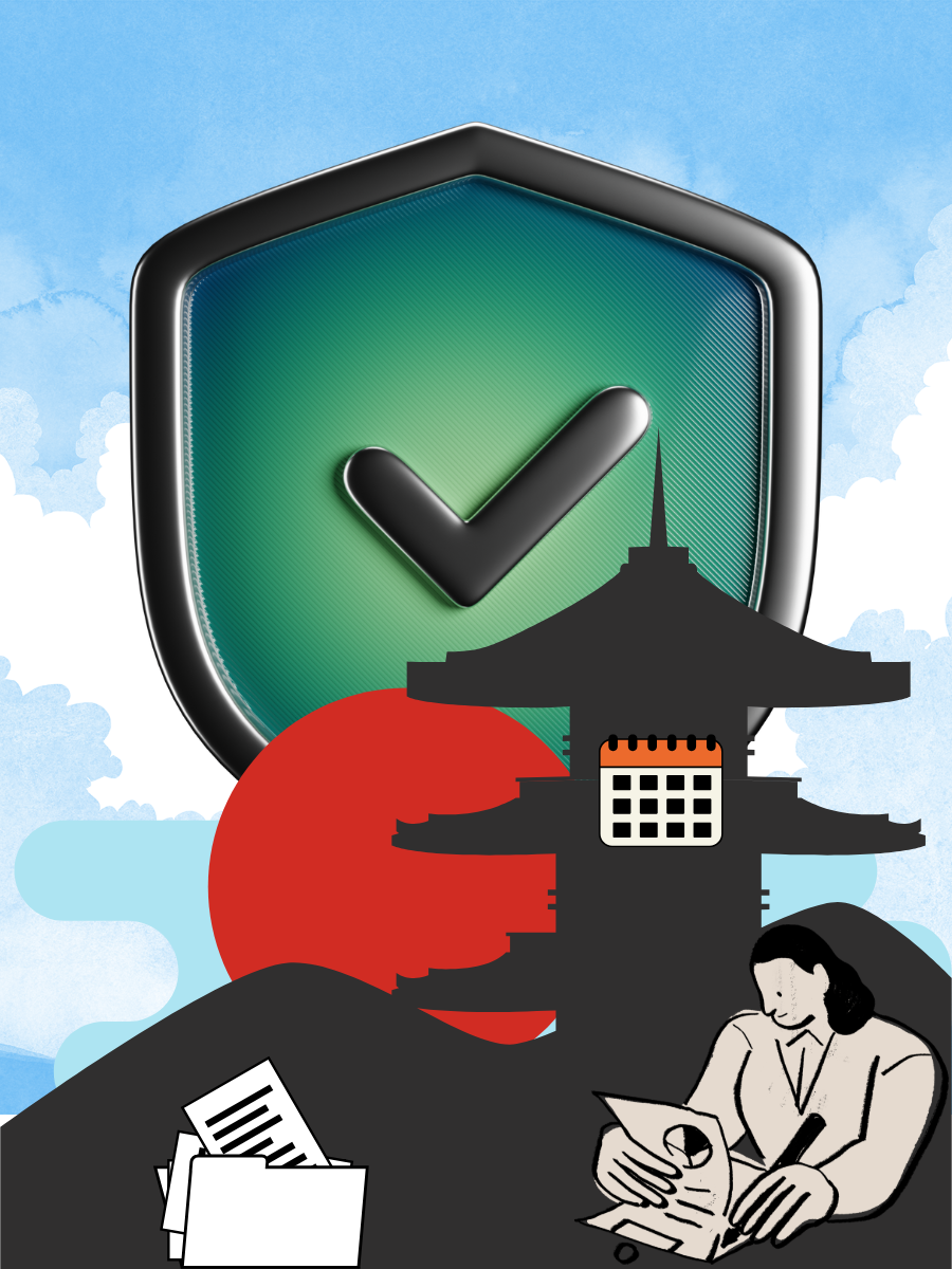 Person filing a Japan trademark application in front of a traditional Japanese home, with a security shield symbol in the background.