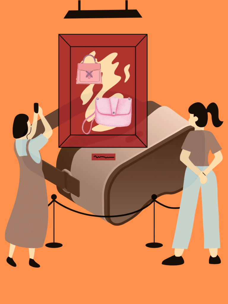 Virtual reality gallery scene showing an NFT display frame with two handbags, one original, one imitation—while visitors admire them, highlighting the blurred lines in an NFT trademark dispute.