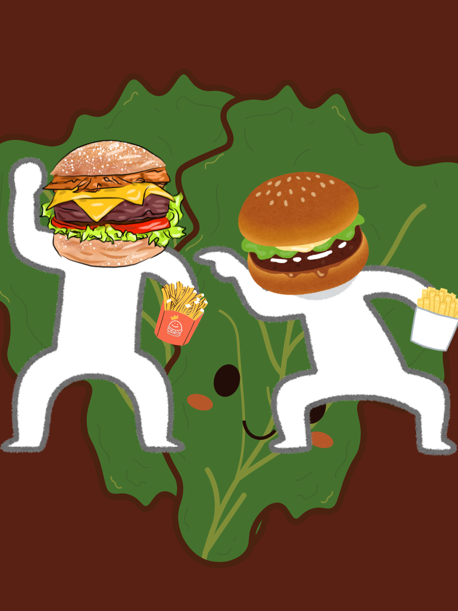 Two people with burger heads one representing Supermac’s, the other McDonald’s fight while holding different fries packets, with lettuce in the background, symbolizing the Trademark Revocation battle over "Big Mac" in the EU.