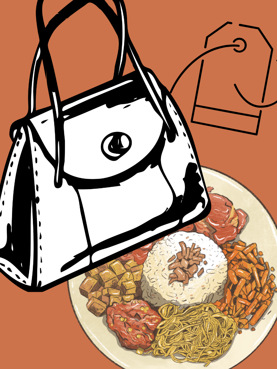 Luxury handbag beside a food plate illustrating cross-industry brand misuse, symbolizing famous trademark protection in action.