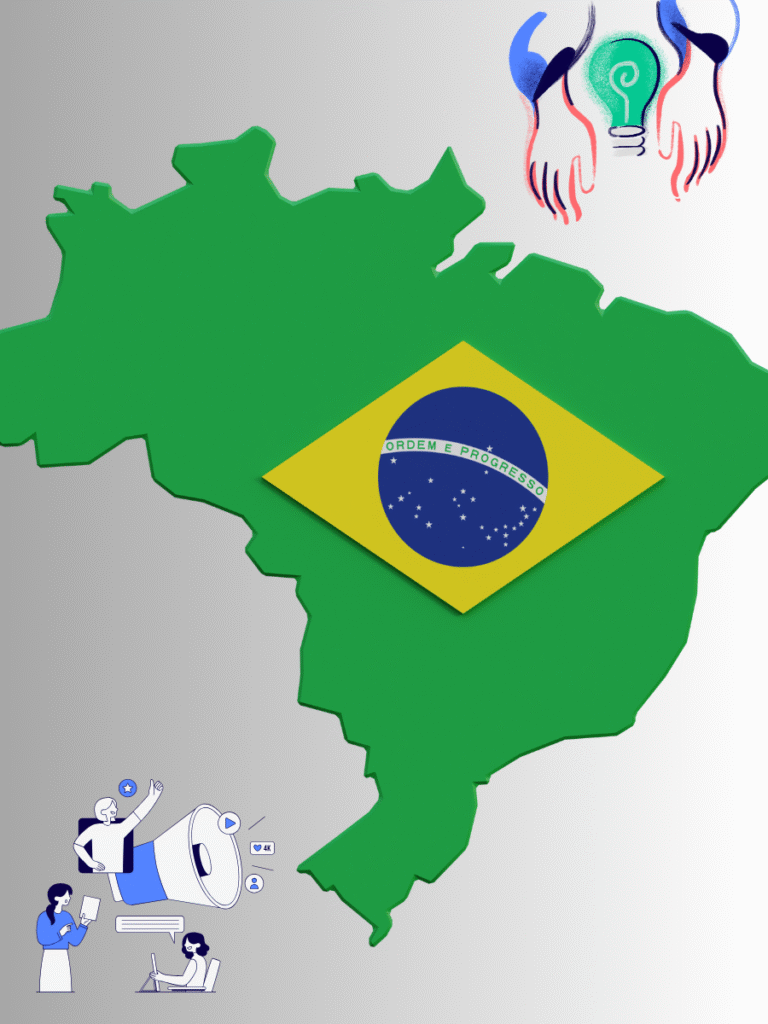 The flag in the middle of the map of Brazil with copyright protection depicted on the right top corner and patent innovation depicted in left bottom corner shows the transforming of IP laws in brazil.