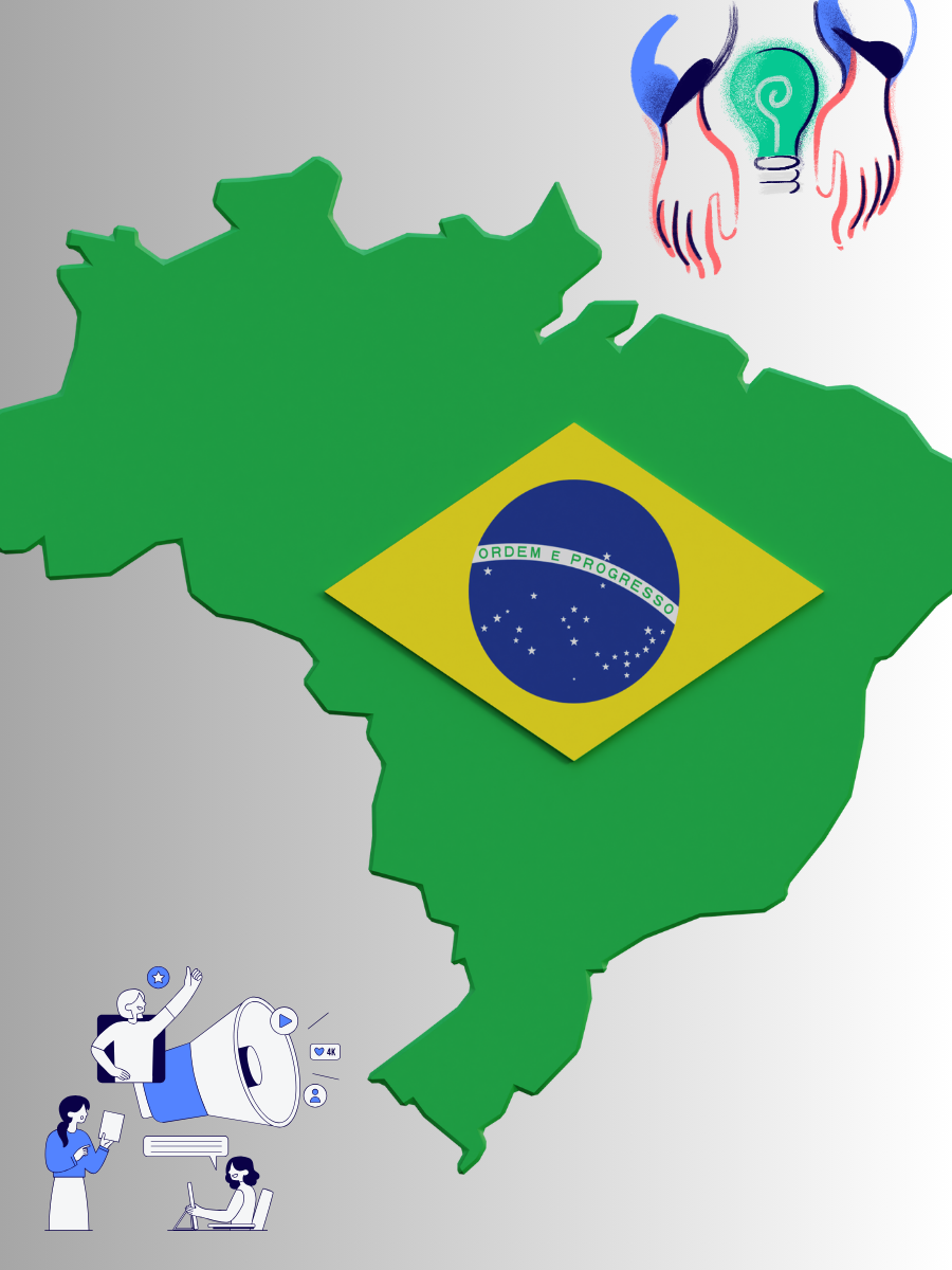 The flag in the middle of the map of Brazil with copyright protection depicted on the right top corner and patent innovation depicted in left bottom corner shows the transforming of IP laws in brazil.