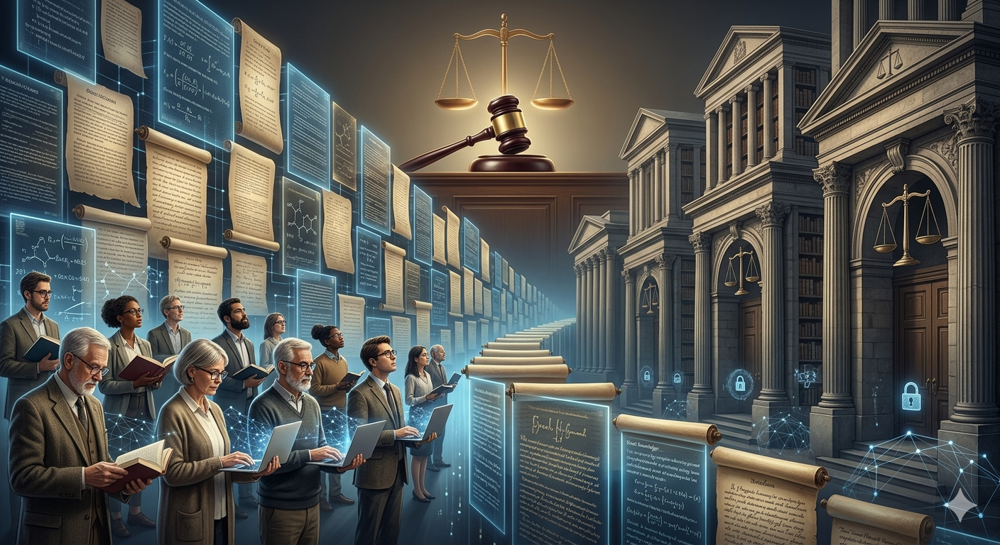 Conceptual illustration of digital research articles blocked by a legal wall symbolizing the conflict between copyright enforcement and access to knowledge in the Sci-Hub case
