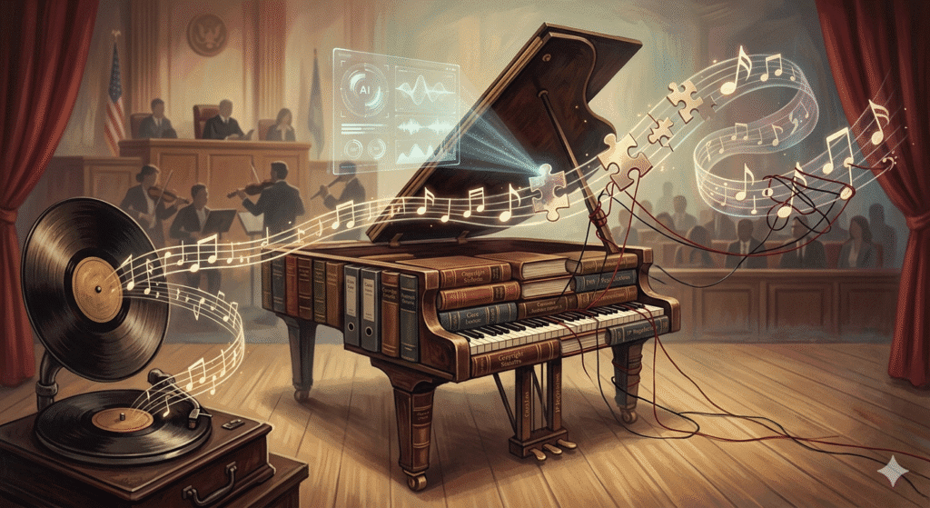 Illustration of musical notes merging with legal scales symbolizing copyright law and music borrowing in modern digital and AI-driven music industry
