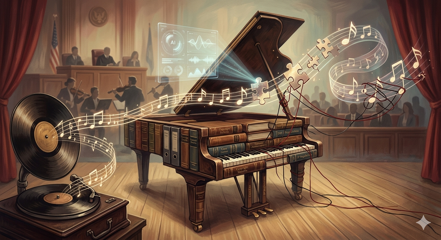Illustration of musical notes merging with legal scales symbolizing copyright law and music borrowing in modern digital and AI-driven music industry