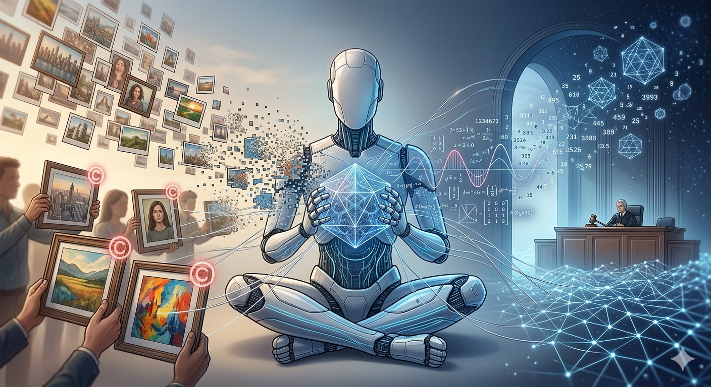 Conceptual illustration of artificial intelligence neural network learning from copyrighted images symbolizing legal debate on AI training and copyright law