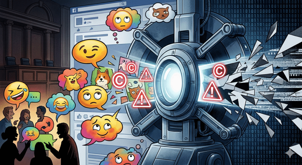Illustration of social media memes interacting with copyright symbol and algorithmic moderation representing legal challenges of parody and digital culture