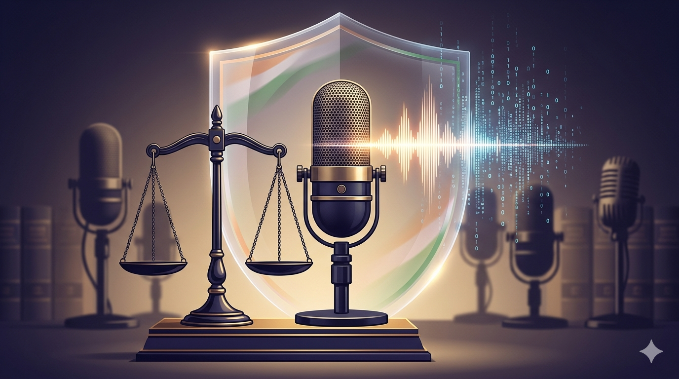 Conceptual illustration of a human voice waveform merging with artificial intelligence circuitry and legal scales symbolizing protection against AI voice cloning under Indian law