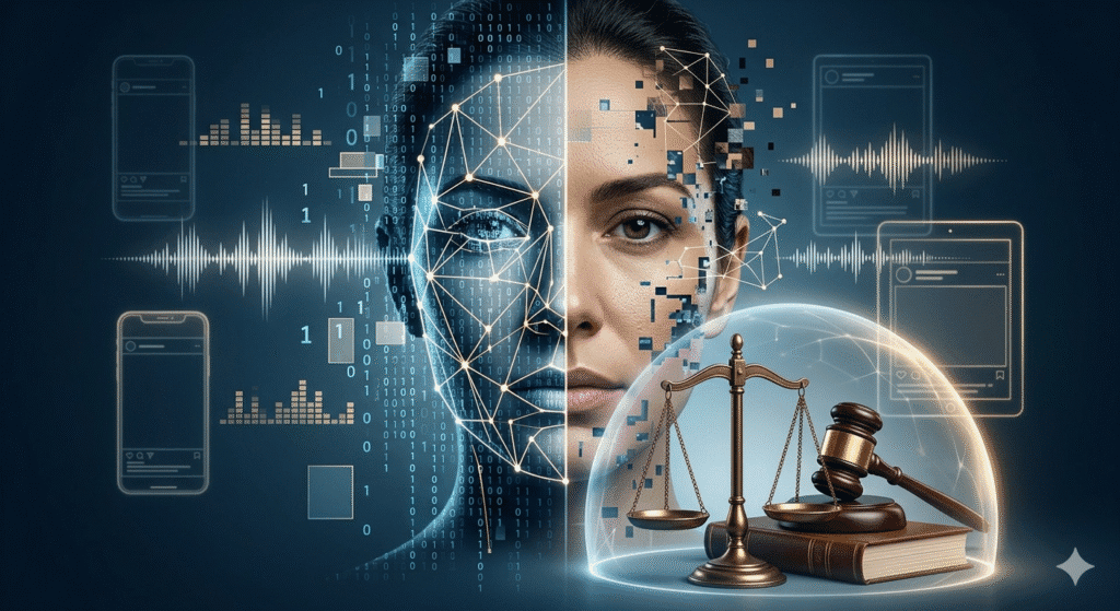 Illustration of a digital avatar and human face divided by legal scales symbolizing court protection of personality rights against AI deepfakes and impersonation