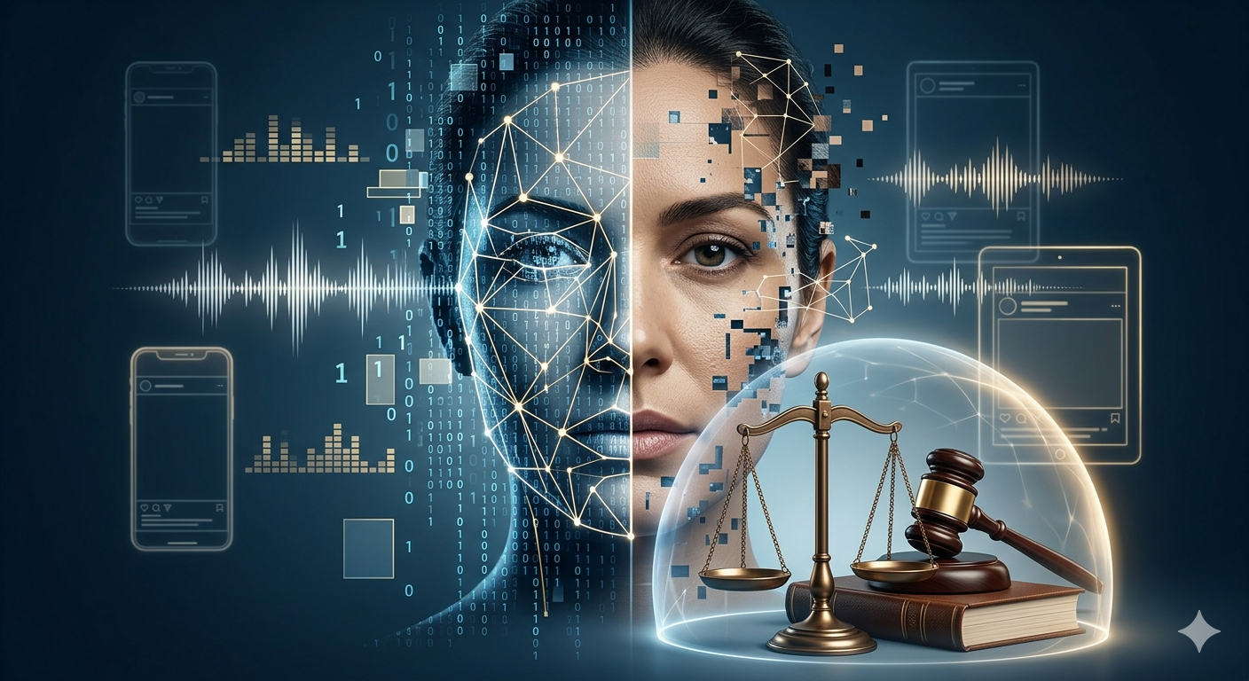 Illustration of a digital avatar and human face divided by legal scales symbolizing court protection of personality rights against AI deepfakes and impersonation