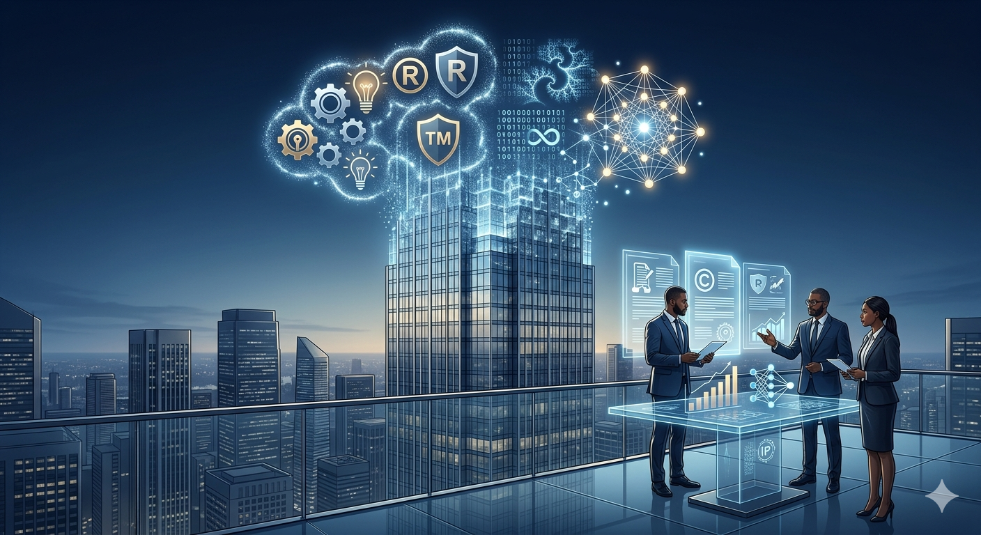 Conceptual illustration of balance sheet shifting toward intangible assets like patents, software and brands representing IP-driven valuation in modern mergers and acquisitions