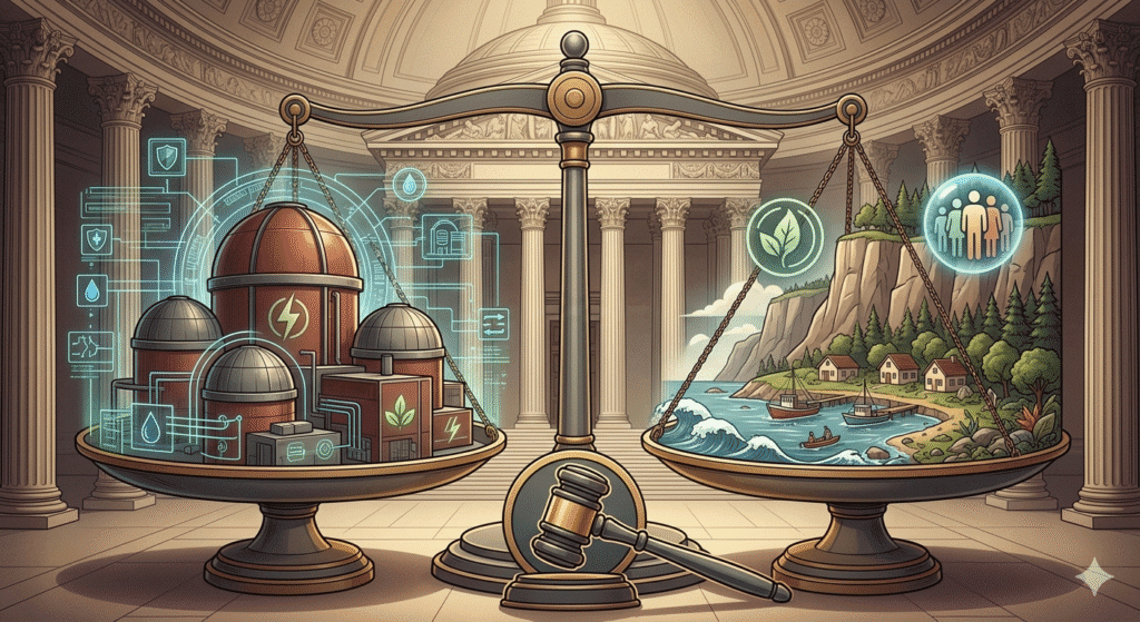 Conceptual depiction of nuclear safety regulation in India highlighting the Kudankulam Nuclear Plant verdict under Article 21, precautionary principle, and AERB regulatory oversight.