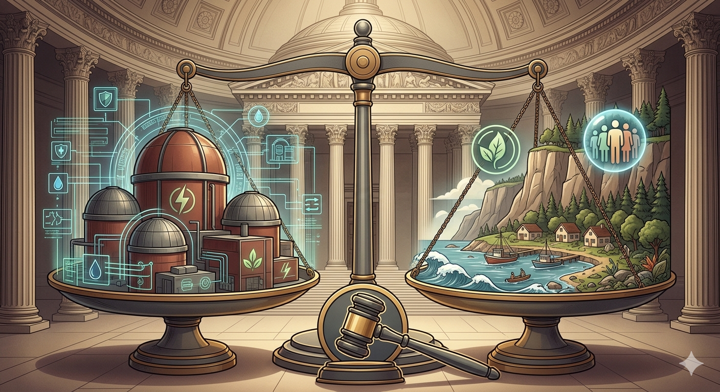 Conceptual depiction of nuclear safety regulation in India highlighting the Kudankulam Nuclear Plant verdict under Article 21, precautionary principle, and AERB regulatory oversight.