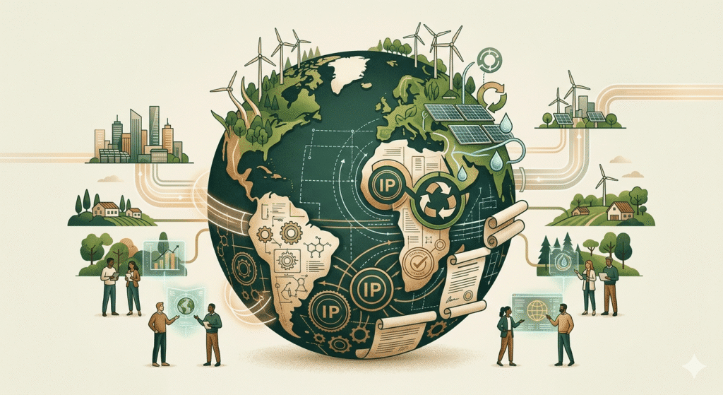 Illustration representing Green IP frameworks supporting sustainable innovation through green intellectual property tools enabling climate governance solutions.