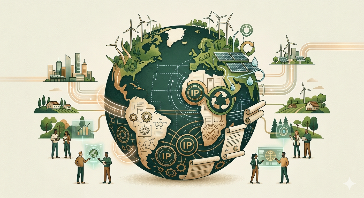 Illustration representing Green IP frameworks supporting sustainable innovation through green intellectual property tools enabling climate governance solutions.