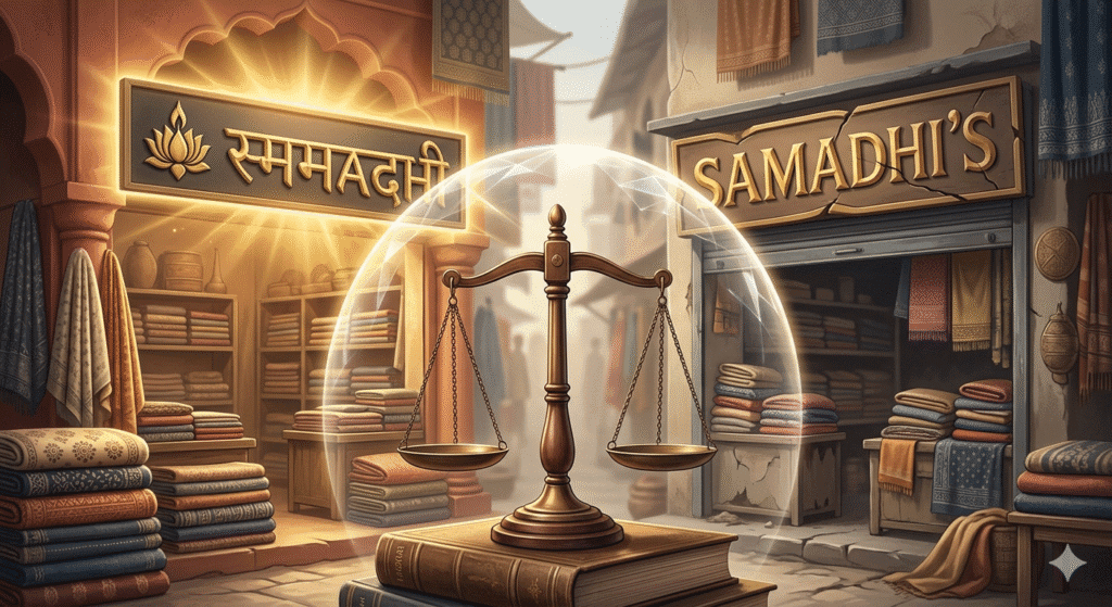 Conceptual image representing Fabindia trademark infringement dispute showing deceptive similarity and passing off issues leading to permanent injunction protecting brand identity.