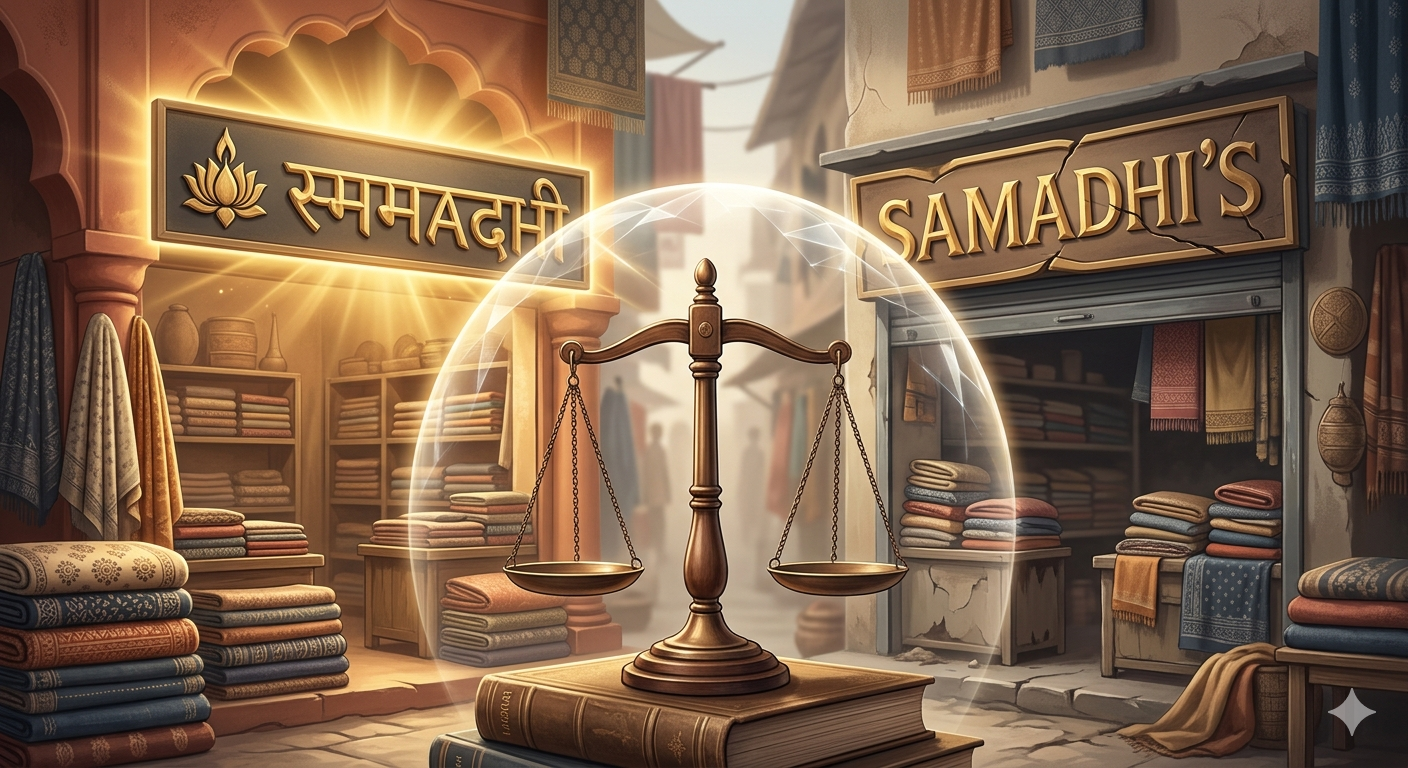 Conceptual image representing Fabindia trademark infringement dispute showing deceptive similarity and passing off issues leading to permanent injunction protecting brand identity.