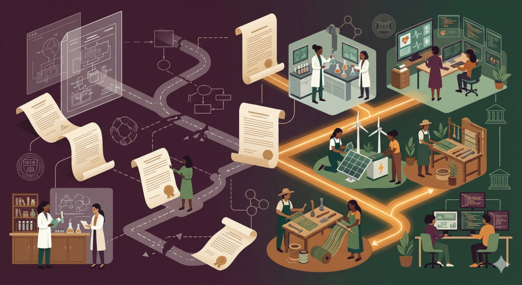 Illustration showing women inventors in India patent ecosystem contributing to gender innovation policy and inclusive innovation policy through research, technology and patent filing processes.