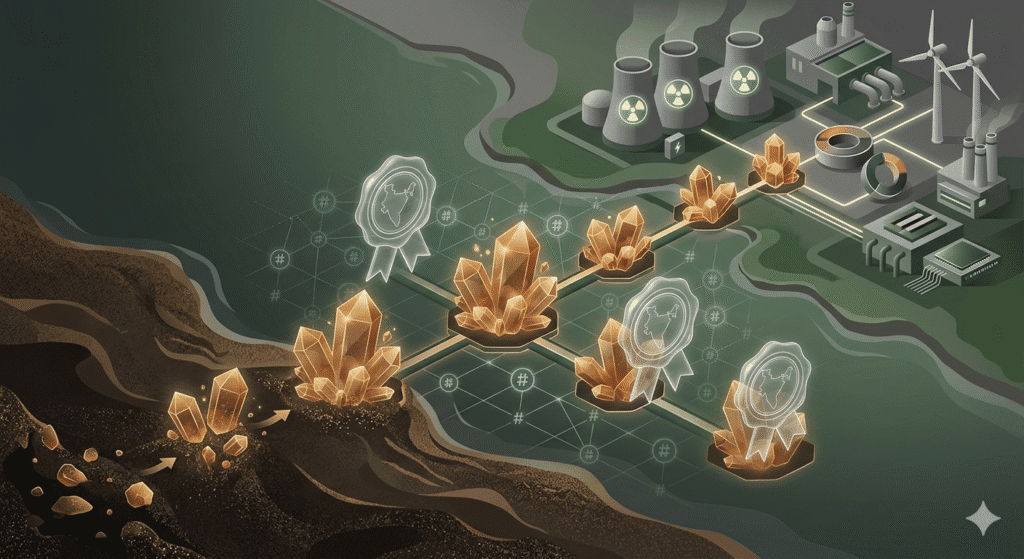 Visual representation of GI tags Odisha monazite supporting nuclear supply chains and reducing Chinese imports through critical minerals traceability and intellectual property protection.