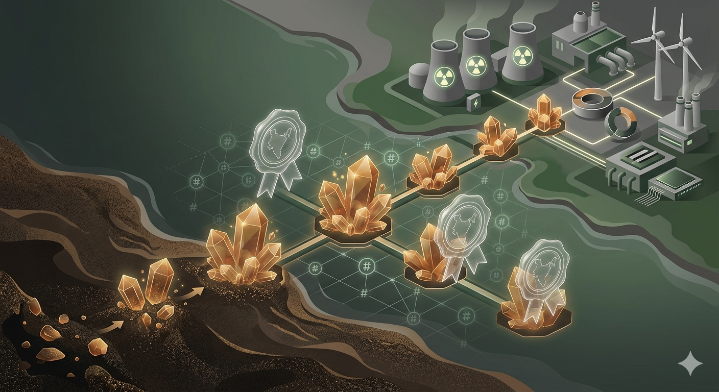 Visual representation of GI tags Odisha monazite supporting nuclear supply chains and reducing Chinese imports through critical minerals traceability and intellectual property protection.