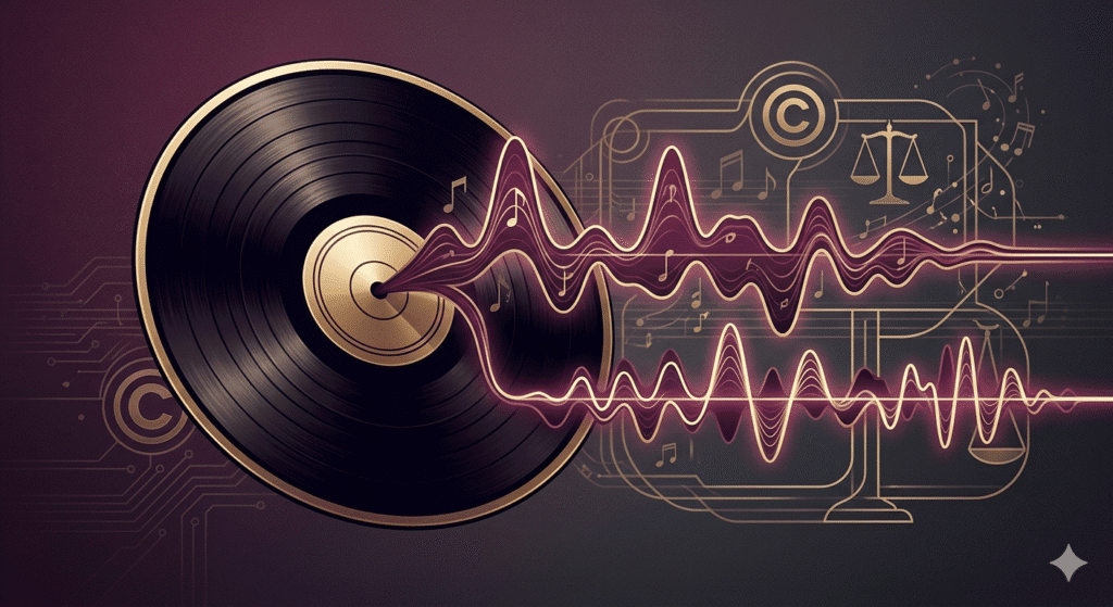 Illustration representing the music sampling copyright dispute in Sampling and the Sound of Settlement: Queen & David Bowie v. Vanilla Ice copyright dispute, highlighting substantial similarity and derivative works issues in the music industry.