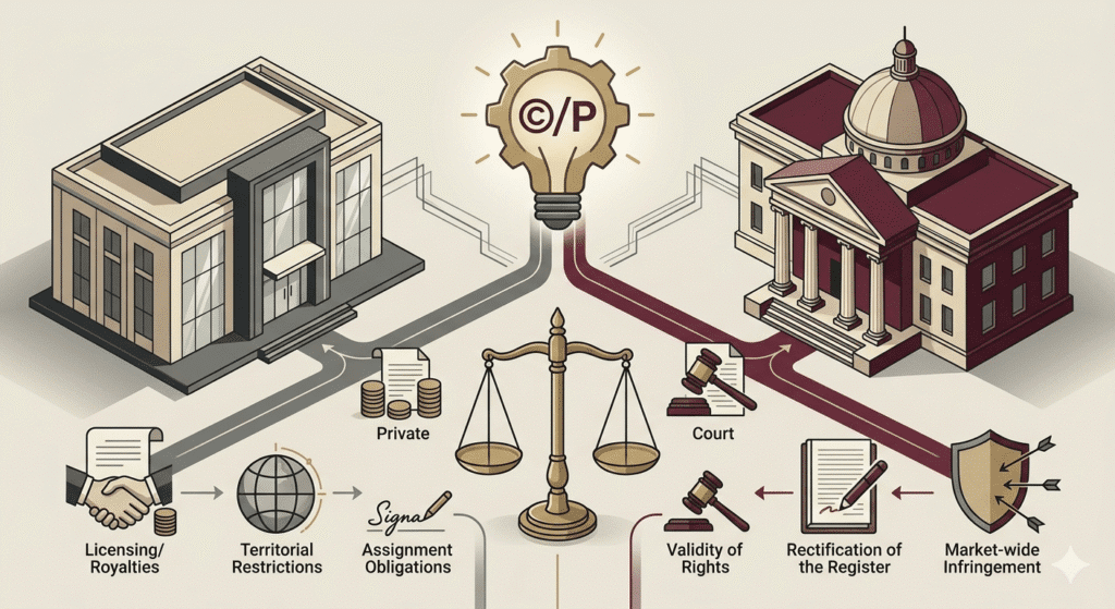 Conceptual illustration explaining IP arbitration vs courts in India, highlighting rights in rem vs rights in personam in intellectual property disputes including trademark and copyright jurisdiction.