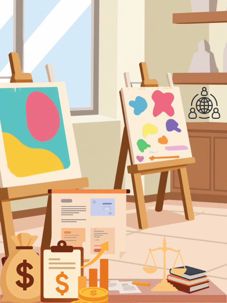 Conceptual illustration of copyright symbol connected to music notes, books, and legal scales representing economic rights under Indian copyright law