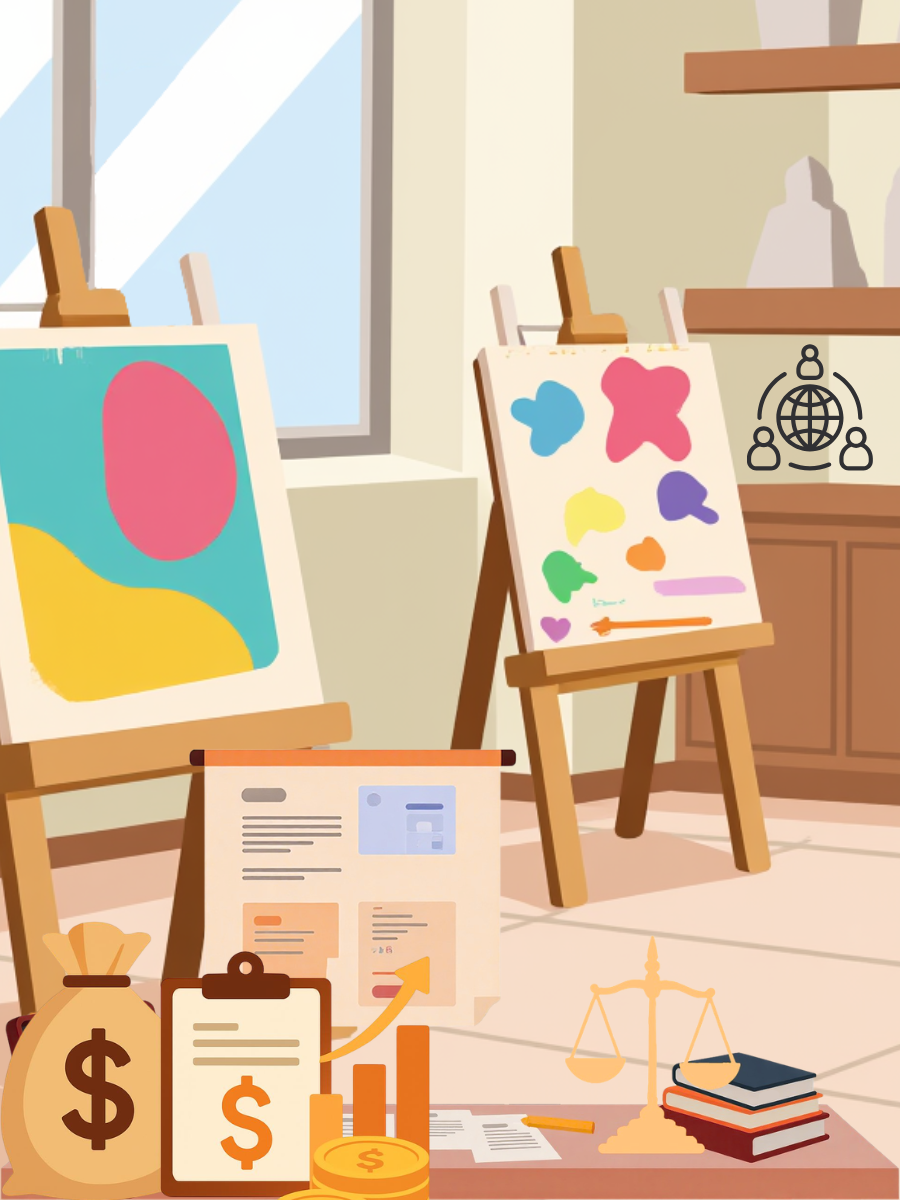 Conceptual illustration of copyright symbol connected to music notes, books, and legal scales representing economic rights under Indian copyright law