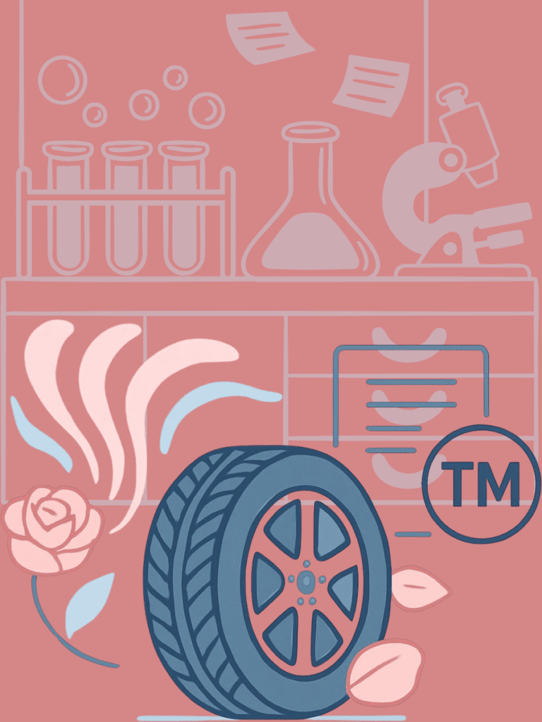 Conceptual illustration of rose fragrance blending with a car tyre and trademark symbol representing India’s first registered smell trademark under evolving IP law