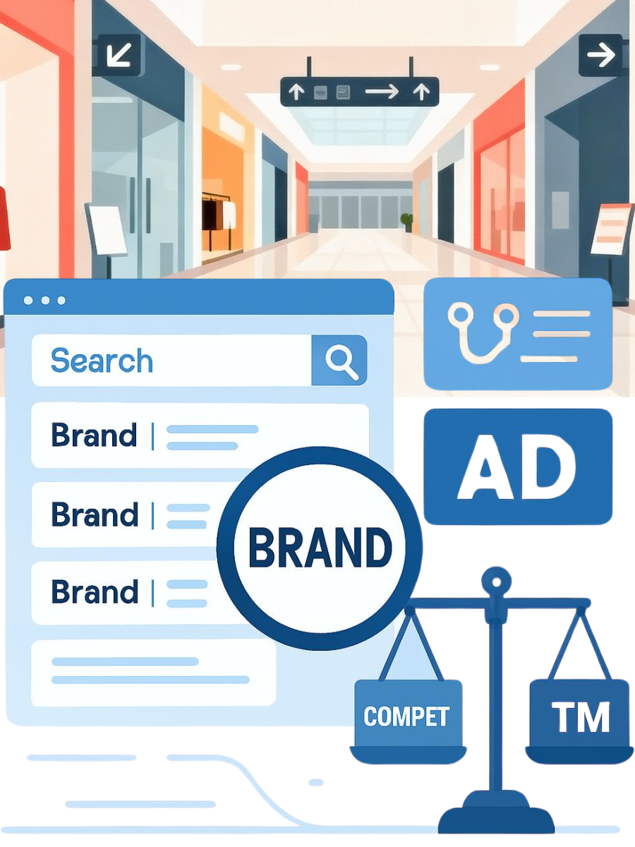 Conceptual illustration of search engine results page with sponsored ads and trademark symbols representing keyword advertising dispute in digital trademark law