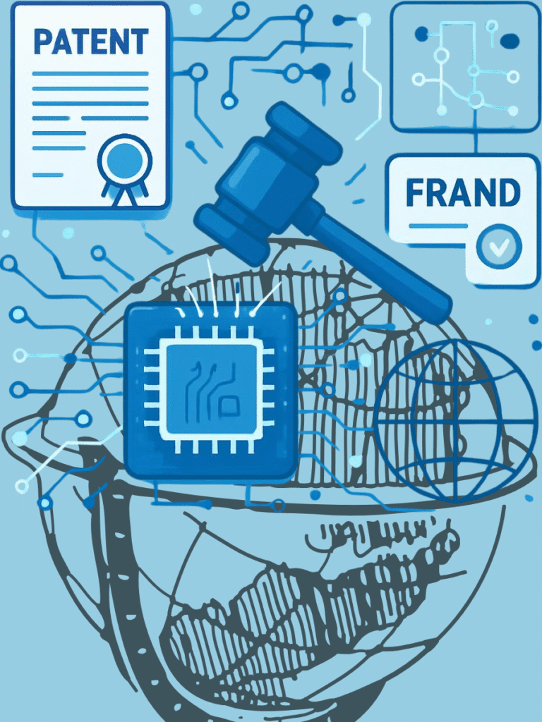 Conceptual illustration of patent document and digital technology standard interconnected with legal scales symbolizing enforcement of standard essential patents in India