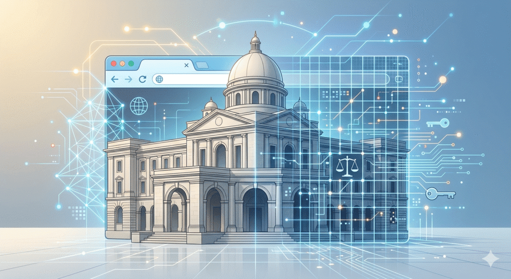 Illustration of a computer browser displaying similar domain names highlighting trademark infringement and passing off dispute involving deceptive similarity in cyberspace.