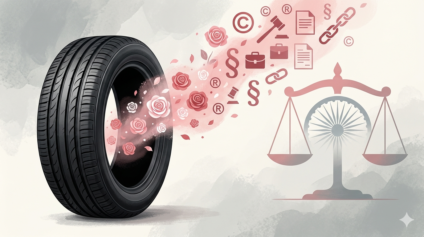 Conceptual illustration of rose fragrance molecules blending with a tyre symbolizing India’s first accepted smell trademark and the evolution of non-traditional trademarks.