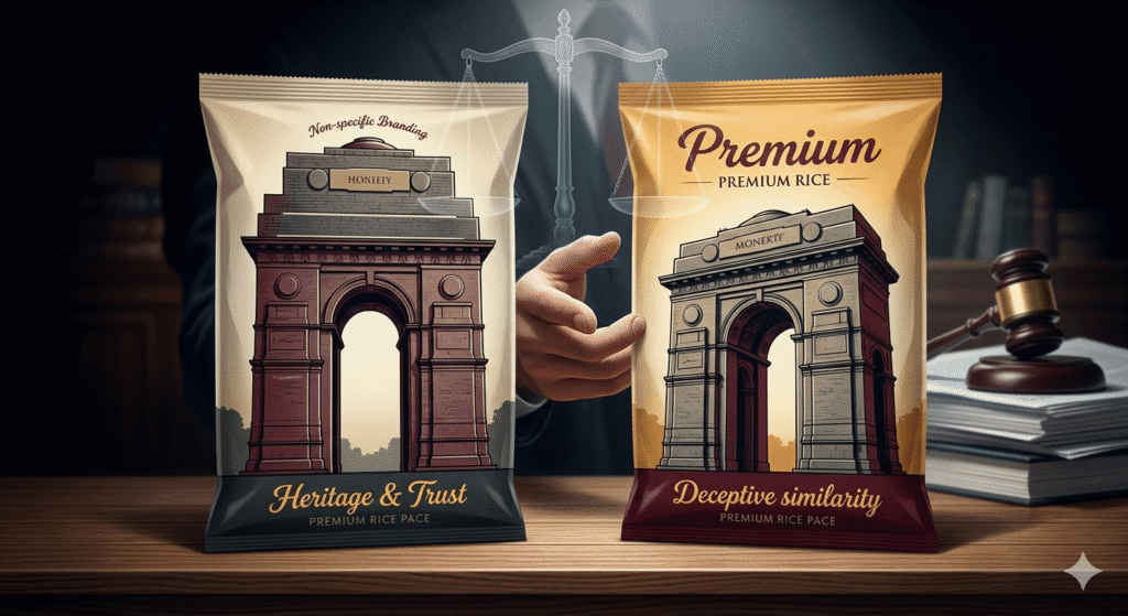 Two rice packages labelled India Gate and Bharat Gate placed side by side illustrating deceptive similarity and trademark infringement under Indian law.