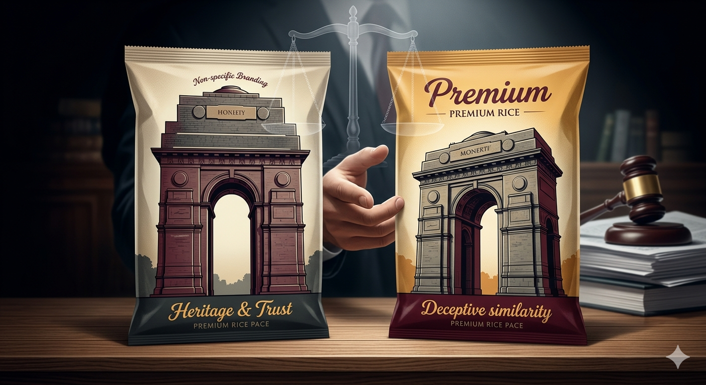 Two rice packages labelled India Gate and Bharat Gate placed side by side illustrating deceptive similarity and trademark infringement under Indian law.
