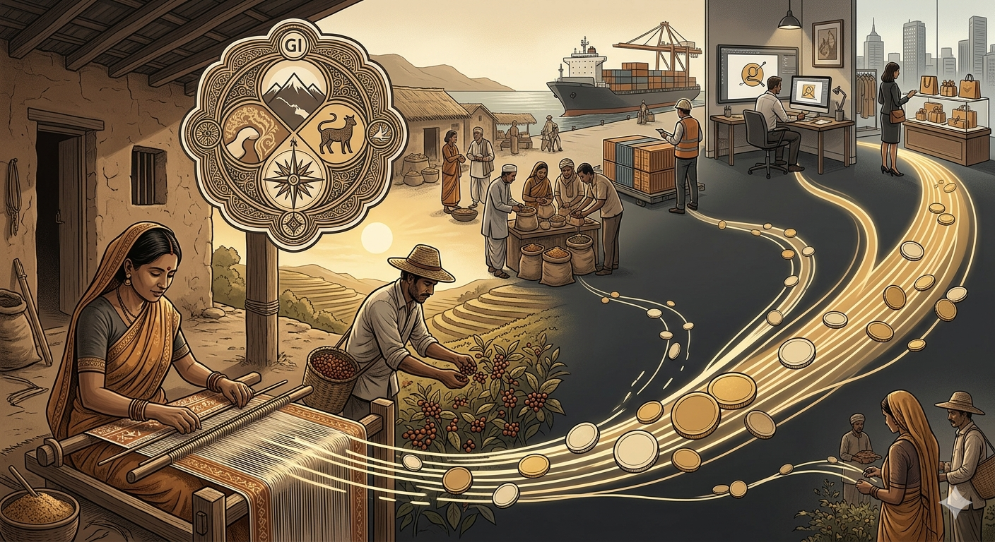 Illustration of traditional artisans and farmers linked to GI tagged products like Darjeeling tea and Pochampally Ikat highlighting economic inequality in geographical indication benefits.