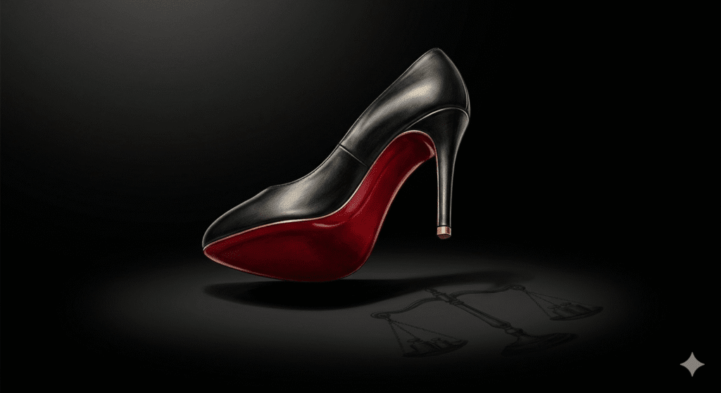 Luxury high heel shoe with glossy red sole symbolizing trademark protection dispute over colour marks and brand distinctiveness in intellectual property law.