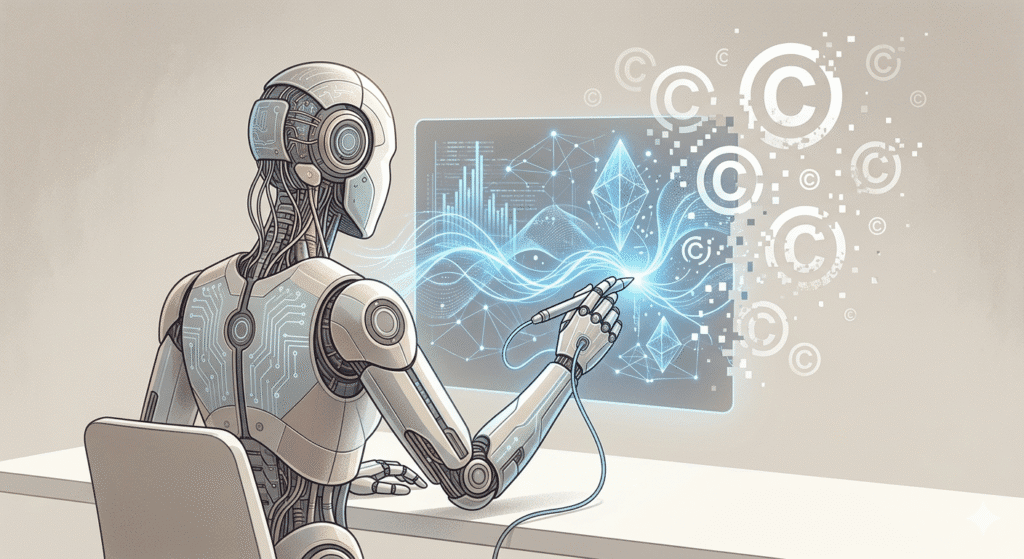 Conceptual illustration of artificial intelligence creating digital artwork with copyright law scales symbolizing the conflict between machine creativity and human authorship.